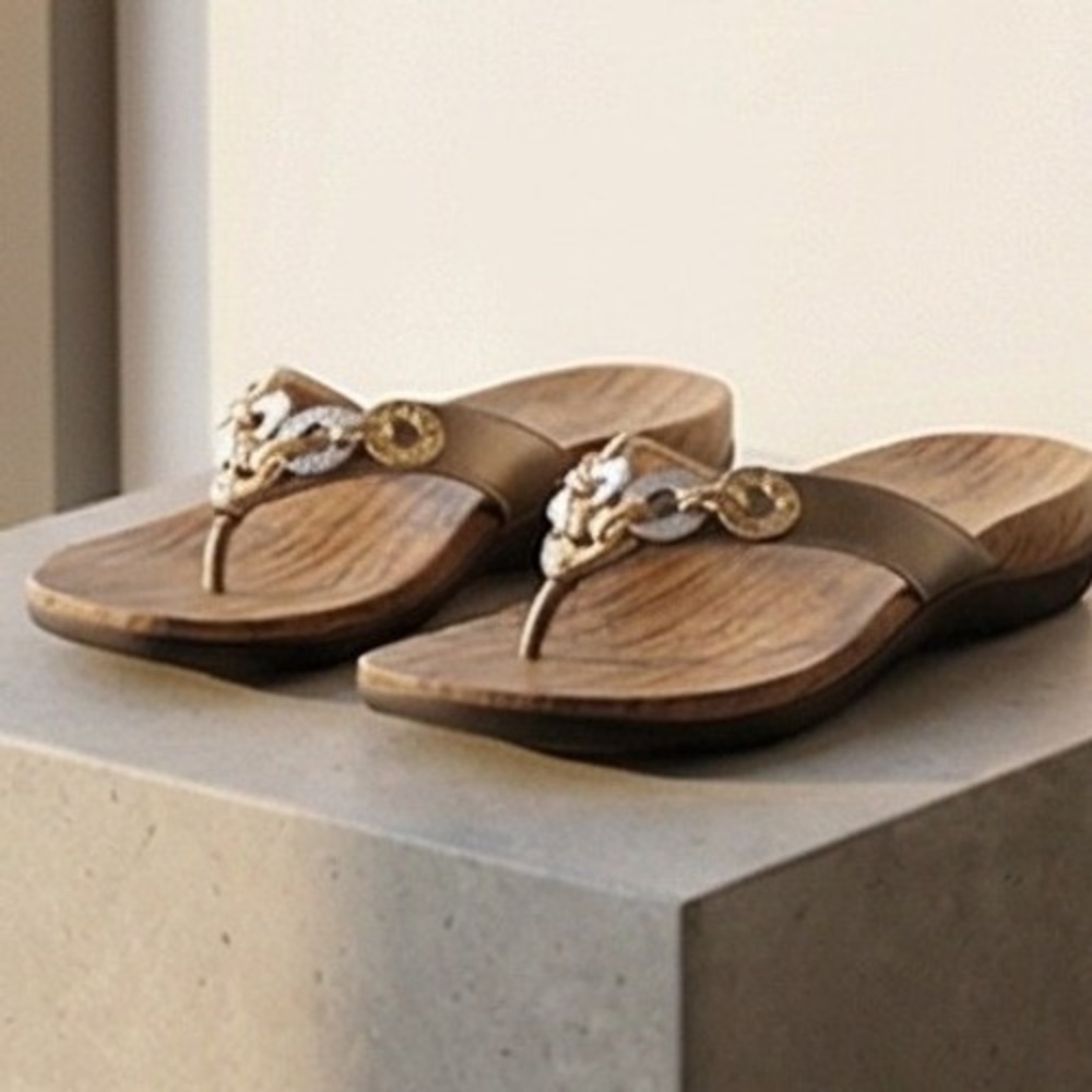 Orthaheel 7‎ Lola Thong Sandals Bronze Gold Pewter Chain Link Womens